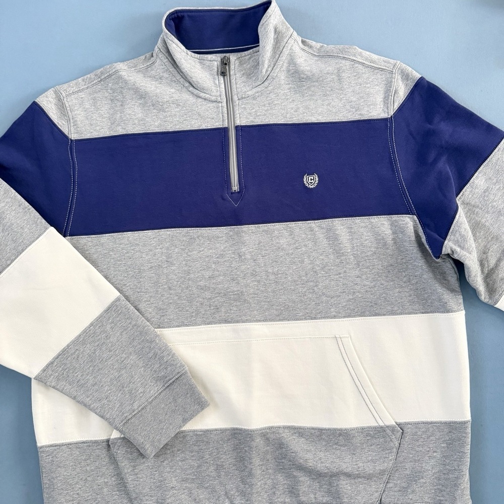 Chaps Everyday Fleece 1/4 Zip Gray Heather Purple Stripe Pullover Sweatshirt